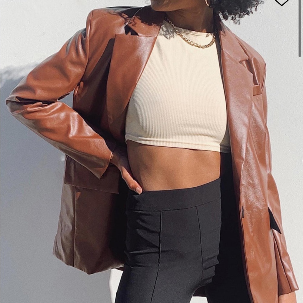 Brown faux leather blazer. Perfect for fall.